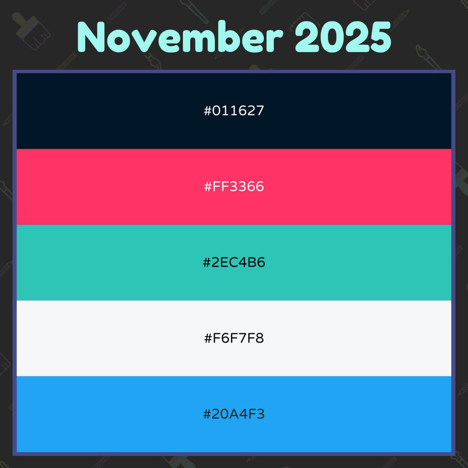 Graphic with 5 rows of colors featuring their hex codes. The colors are dark navy, hot pink, mint green, off white, and medium blue