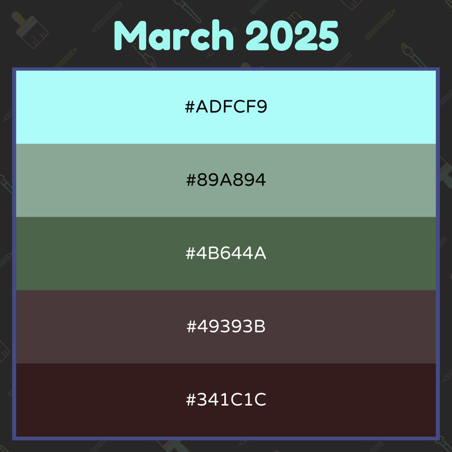 Graphic with 5 rows of colors featuring their hex codes. The colors are mint green, sage green, medium green, pale brown, brown