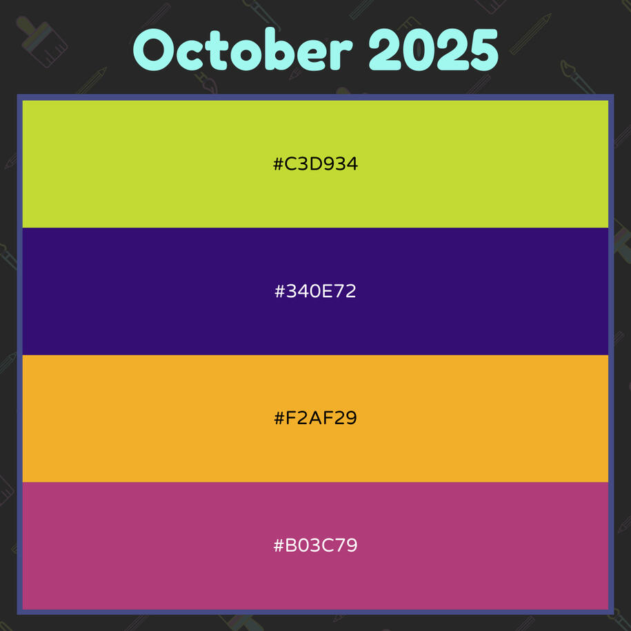 Graphic with 4 rows of colors featuring their hex codes. The colors are chartreuse, deep purple, warm yellow, and medium pink