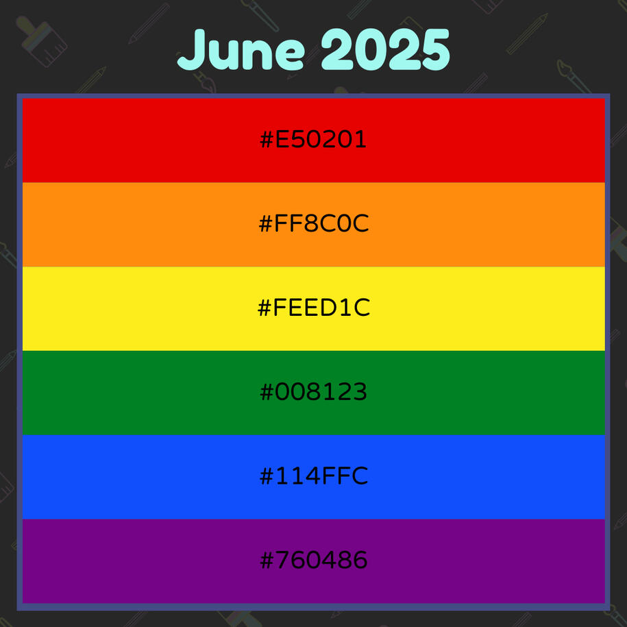 Graphic with 6 rows of colors featuring their hex codes. The colors are red, orange, yellow, green, blue, and purple