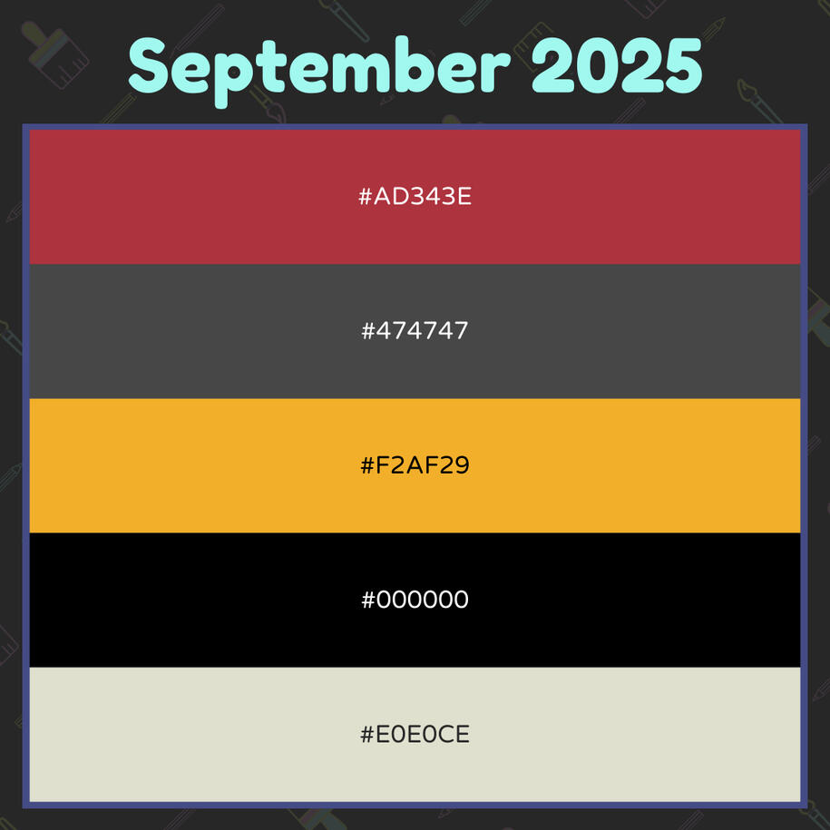 Graphic with 5 rows of colors featuring their hex codes. The colors are red, gray, yellow, black, and off white