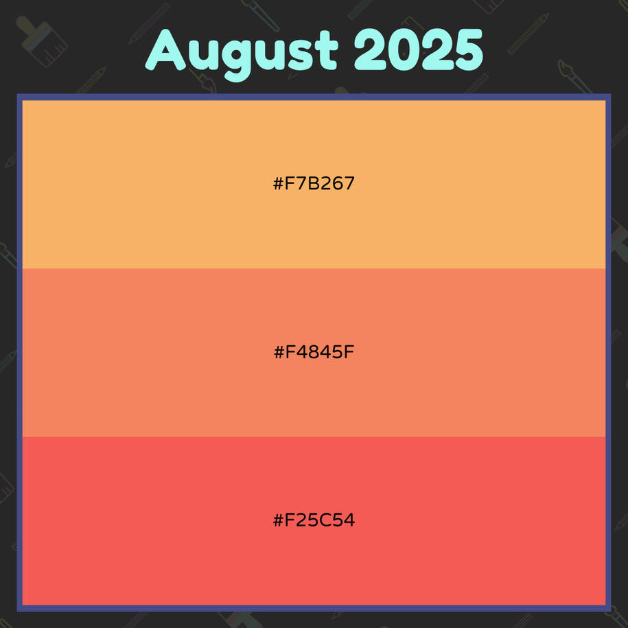 Graphic with 3 rows of colors featuring their hex codes. The colors are orange-ish yellow, orange, and orange-ish red