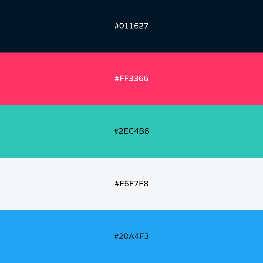 Image featuring 5 rows of colors with their hex codes. The colors are dark blue, hot pink, teal, off white, and blue